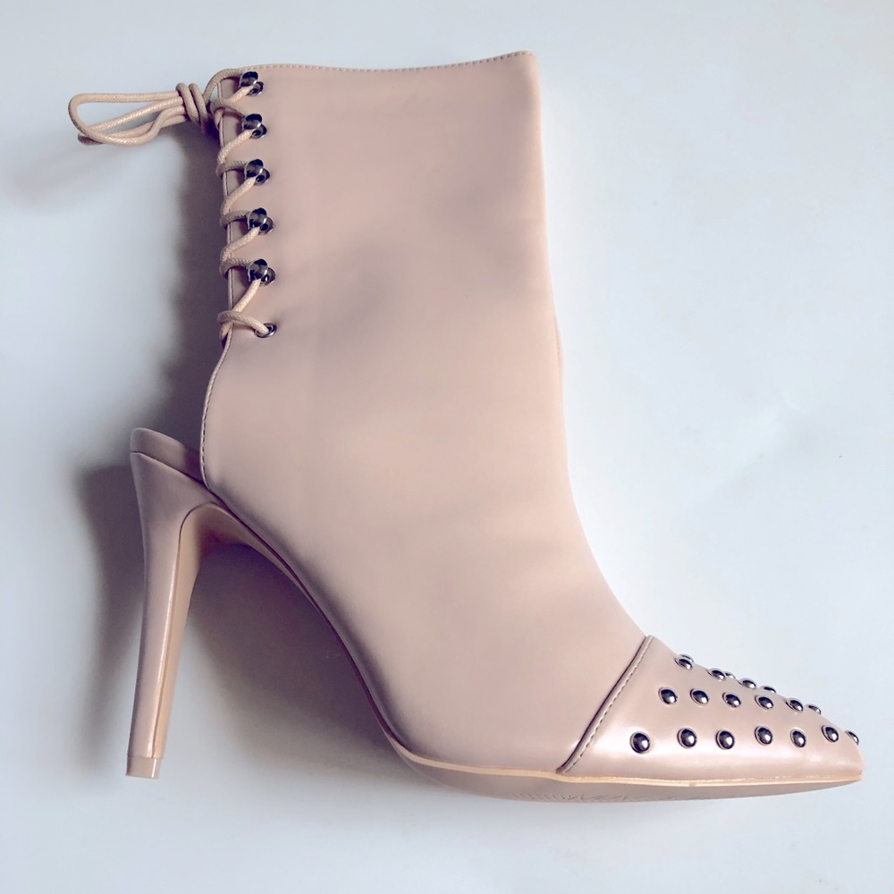 Studded Lace-Up Pointed-Toe Ankle Bootie in Nude Brand new. No box